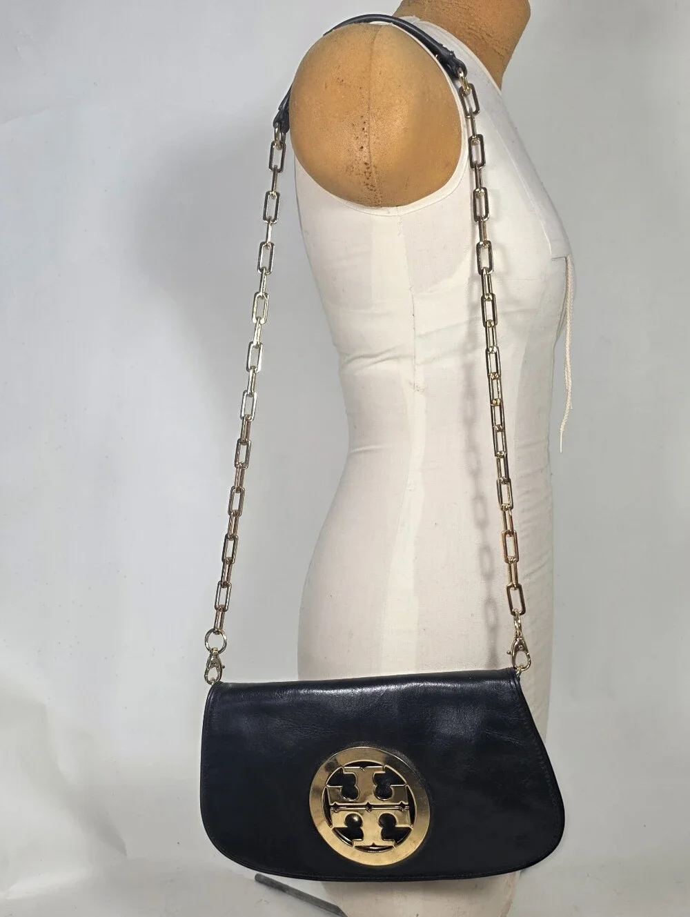 Tory Burch  Reva Black Leather Clutch Crossbody Gold Emblem